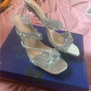 Fashion Nova Silver Sparkly Heels with Rhinestone Straps